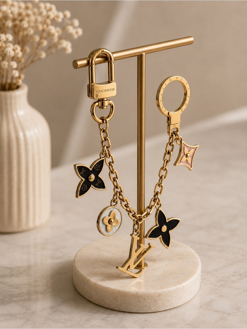 Designer Style Gold-Tone Black & Pink Charm Keychain